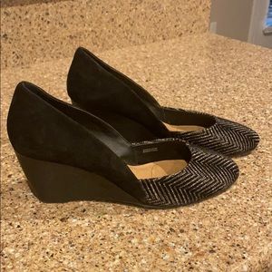 Black and white suede Tahari wedge heels